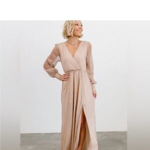 Elegant Champagne Shimmer Long Sleeve Dress
